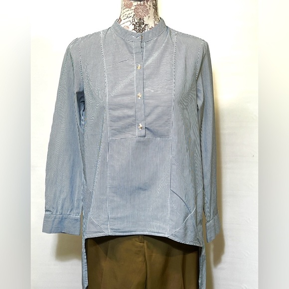 RO & DE Gray and‎ white micro striped tab collar top size XS. - Picture 1 of 11